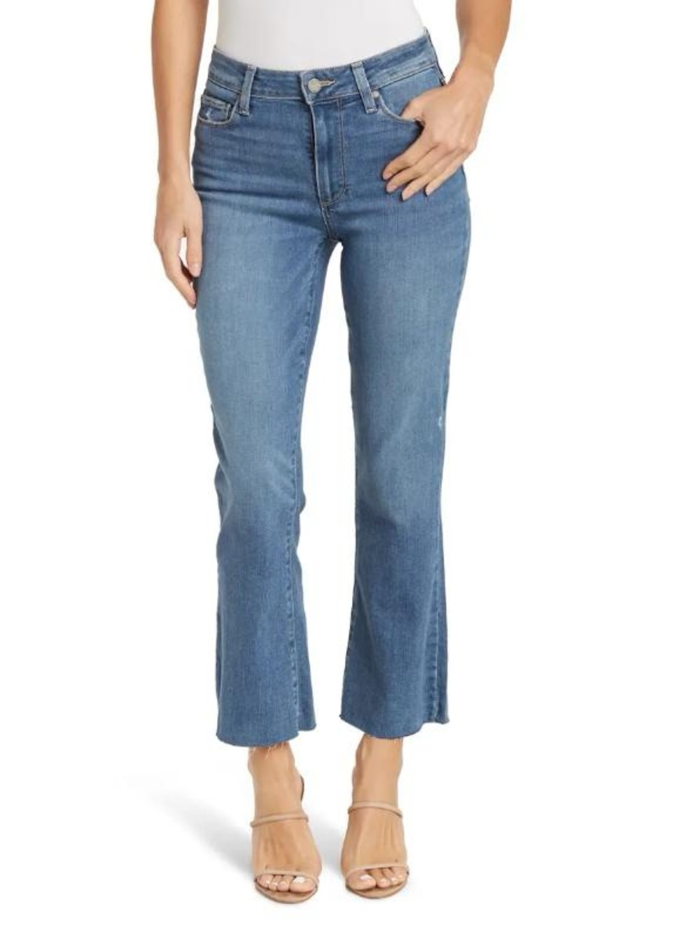 Paige “Rory Crop Flare” Mid Rise Jeans With Raw Hems In Zaylee Wash Size 24